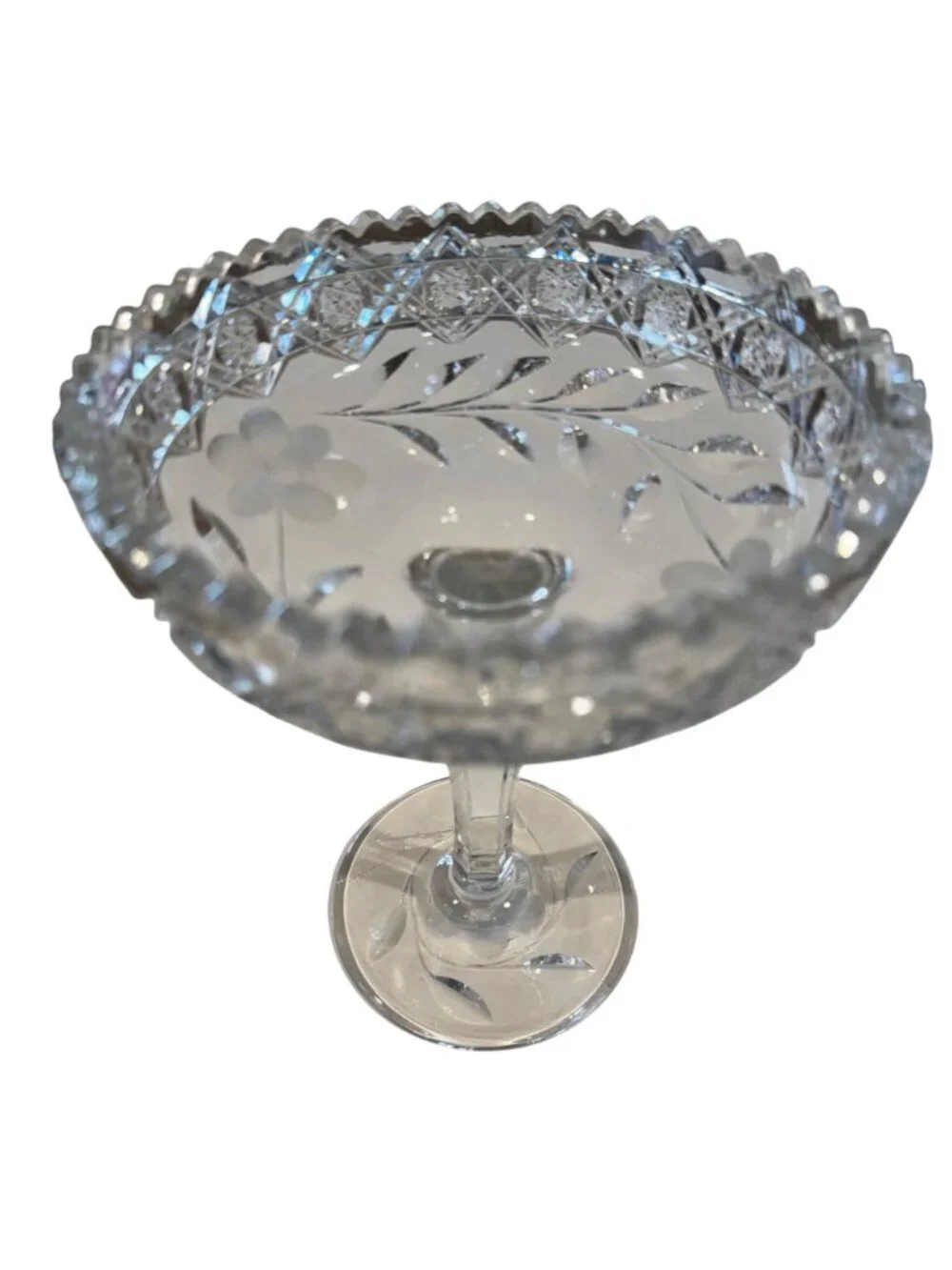 Cut Glass Etched Clear Compote Pedestal Dish Centerpiece 8" Tall Floral Vintage - Picture 2 of 13